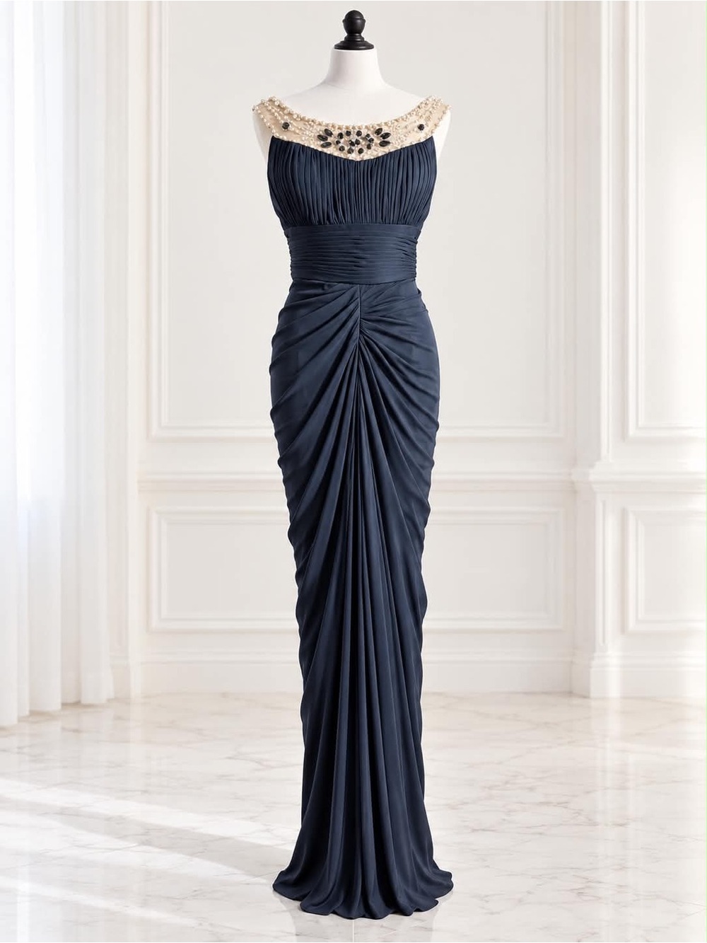Adrianna Papell Red Carpet Navy Ruched Gown, Beaded Illusion Neckline, Size 6